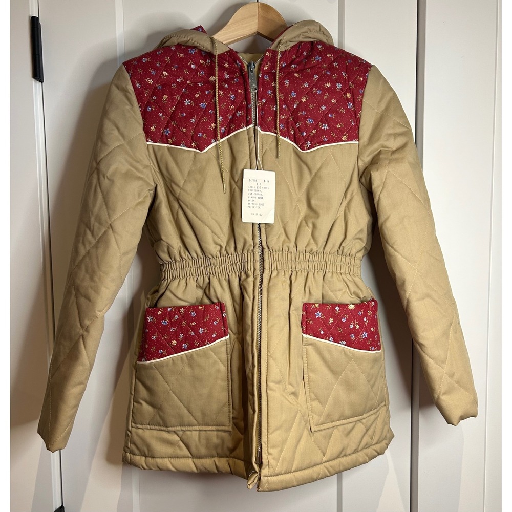 Vintage Quilted Hooded Parka Jacket Tan Red Floral Western Kids Size 14 USA NWT
